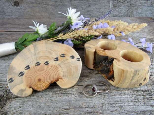 Wooden ring bearer box with a lid and two compartments. Moose tracks are drawn on the sides and across the lid of the box.